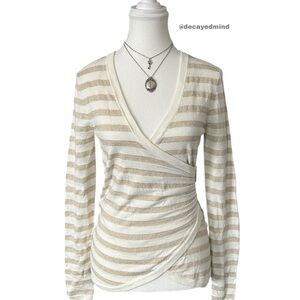 Y2K “GUESS” White & Gold Shiny Knit V-Neckline Asymmetrical Zip Fitted Top